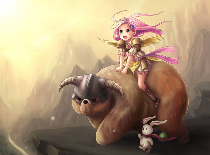 Size: 1380x1020 | Tagged: angel bunny, armor, artist:ninjaham, bear, cute, derpibooru import, dovahbear, dovahkiin, dovahshy, fluttershy, hair accessory, human, humanized, open mouth, riding, safe, shyabetes, skyrim, the elder scrolls, winged humanization, wings