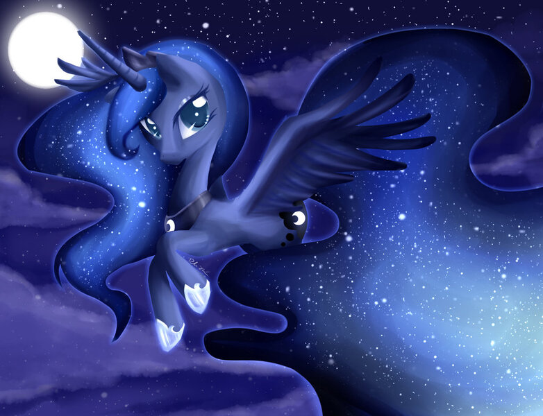 Size: 1020x783 | Tagged: artist:rebecka-chan, derpibooru import, ethereal mane, flying, moon, princess luna, safe, solo, starry mane, stars