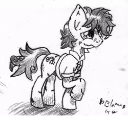 Size: 769x697 | Tagged: safe, artist:blazang, derpibooru import, oc, oc:murky, unofficial characters only, pegasus, pony, fallout equestria, fallout equestria: murky number seven, black and white, cutie mark, fanfic art, grayscale, hooves, male, monochrome, solo, stallion, traditional art