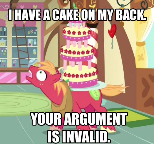 Size: 502x469 | Tagged: safe, derpibooru import, edit, edited screencap, screencap, big macintosh, earth pony, pony, mmmystery on the friendship express, cake, caption, food, image macro, male, marzipan mascarpone meringue madness, meme, solo, stallion, sugarcube corner, text, your argument is invalid