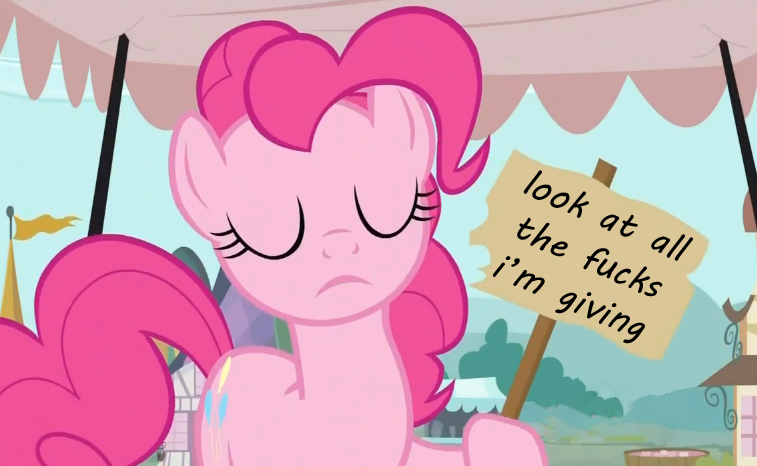 Size: 757x466 | Tagged: derpibooru import, edit, edited screencap, eyes closed, market, no fucks, pinkie pie, putting your hoof down, safe, screencap, sign, tent, vulgar