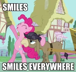 Size: 452x426 | Tagged: safe, derpibooru import, edit, edited screencap, screencap, cranky doodle donkey, pinkie pie, donkey, earth pony, pony, a friend in deed, bipedal, caption, cropped, eyes closed, hoof around neck, image macro, ponyville, smiling, text, x x everywhere