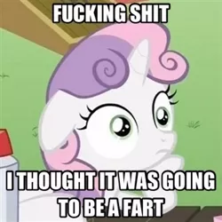 Size: 300x300 | Tagged: caption, derpibooru import, edit, edited screencap, exploitable meme, image macro, implied sharting, meme, obligatory pony, ponyville confidential, safe, screencap, solo, sudden clarity sweetie belle, sweetie belle, text, that wasn't a fart, vulgar