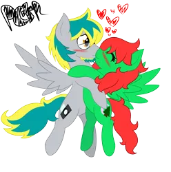 Size: 2200x2222 | Tagged: safe, artist:tria04, derpibooru import, oc, unofficial characters only, pegasus, pony, blushing, female, heart, kissing, male, shipping, straight