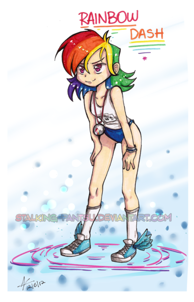 Size: 800x1247 | Tagged: artist:stalking-pantsu, clothes, converse, derpibooru import, human, humanized, rainbow dash, safe, shoes, shorts, solo, winged shoes