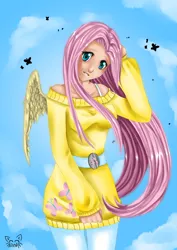 Size: 1500x2121 | Tagged: artist:firstsky, derpibooru import, fluttershy, human, humanized, safe, solo, winged humanization, wings