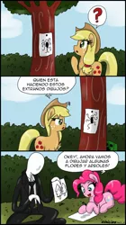 Size: 1024x1827 | Tagged: applejack, creeper, crossover, derpibooru import, pinkie pie, safe, slenderman, spanish, translation