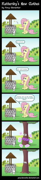 Size: 1024x4458 | Tagged: safe, artist:pony-berserker, derpibooru import, angel bunny, fluttershy, pegasus, pony, rabbit, comic:fluttershy's new clothes, 2013, animal, annoyed, bit, bits, caption, coin, comic, critter, crossed arms, dendrification, dialogue, duo, eyes closed, facepalm, fail, female, fluttershy is a tree, fluttertree, frown, gone wrong, i'd like to be a tree, inanimate tf, inkscape, looking at each other, magic, mare, monologue, onomatopoeia, open mouth, outdoors, poof, raised hoof, raised leg, sigh, sign, sitting, spanish, tack, talking, transformation, translation, tree, vector, well, wish, wishing, wishing well