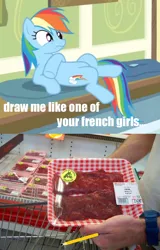 Size: 422x658 | Tagged: safe, derpibooru import, edit, edited screencap, screencap, rainbow dash, human, pony, caption, draw me like one of your french girls, female, food, france, horse meat, image macro, implied vore, male, mare, meat, pose, text, titanic