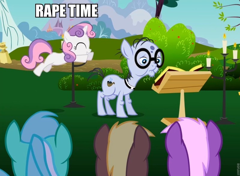 Size: 960x703 | Tagged: semi-grimdark, suggestive, derpibooru import, edit, edited screencap, screencap, mr. waddle, sweetie belle, earth pony, pony, unicorn, caption, clerical collar, elderly, female, filly, glasses, implied foalcon, implied rape, liver spots, male, stallion