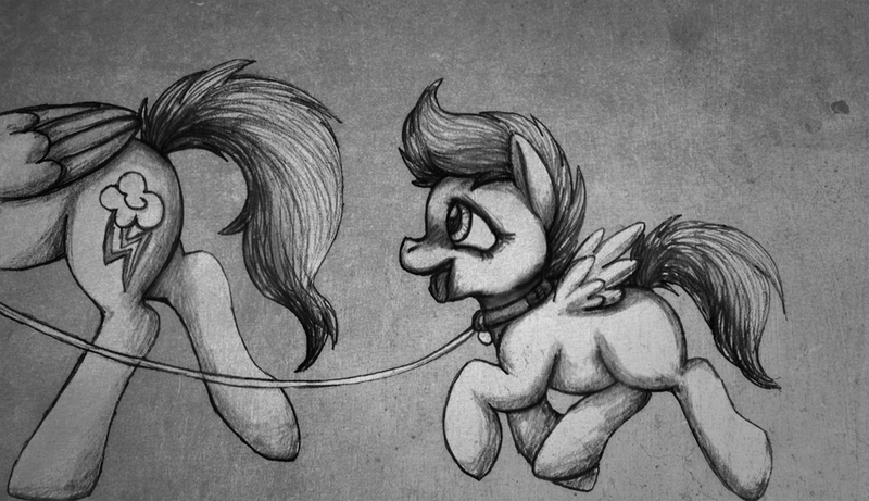 Size: 967x557 | Tagged: safe, artist:aisu-isme, derpibooru import, rainbow dash, scootaloo, collar, female, grayscale, leash, lesbian, monochrome, pet play, scootadash, scootapet, shipping