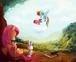 Size: 2394x1946 | Tagged: angel bunny, artist:nayshie, book, cloud, cloudy, derpibooru import, fluttershy, flying, food, ponyville, rainbow dash, safe, scootaloo, scootaloo can fly, tea