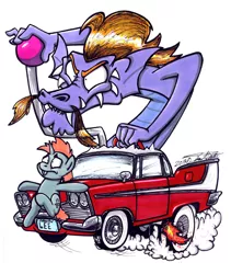 Size: 2680x3168 | Tagged: safe, artist:sketchywolf-13, derpibooru import, snips, steven magnet, pony, serpent, unicorn, car, christine, controller, fire, hilarious in hindsight, ignition, joystick, lee tockar, plymouth, plymouth fury, rat fink, simple background, smoke, voice actor joke
