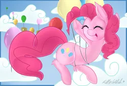 Size: 1378x934 | Tagged: safe, artist:missrenakitsune, derpibooru import, pinkie pie, earth pony, pony, balloon, female, floating, laughing, mare, sky, solo, then watch her balloons lift her up to the sky