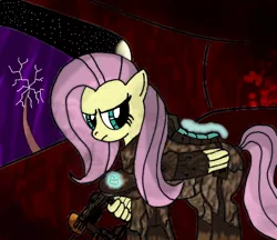 Size: 588x509 | Tagged: artist:flutteranderson, crossover, dead space, derpibooru import, fluttershy, plasma cutter, rig (dead space), safe