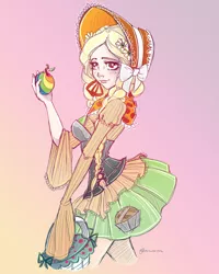 Size: 800x1000 | Tagged: apple, artist:noflutter, basket, bonnet, clothes, corset, derpibooru import, food, granny smith, human, humanized, safe, skirt, solo, younger, young granny smith, zap apple