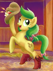 Size: 1500x1987 | Tagged: apple family member, apple fritter, artist:yulyeen, boots, derpibooru import, happy, hat, hoof boots, ribbon, safe, shoes