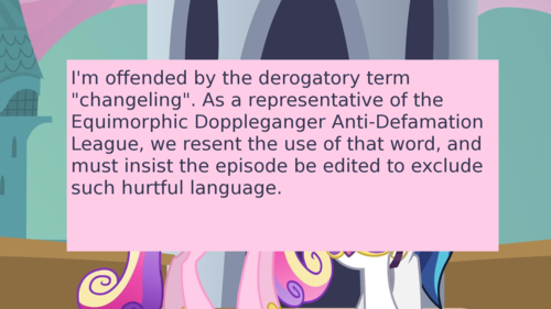 Size: 500x281 | Tagged: a canterlot wedding, caption, changeling, derpibooru import, edit, edited screencap, fake cadance, meme, meta, offensive ponies, princess cadance, queen chrysalis, racism, safe, screencap, shining armor, text