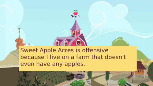 Size: 500x281 | Tagged: derpibooru import, meme, meta, offensive ponies, safe, screencap, sweet apple acres, text