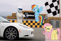 Size: 630x420 | Tagged: safe, artist:normanb88, derpibooru import, fluttershy, rainbow dash, human, pegasus, pony, car, checkered flag, eyes closed, female, flutteryay, flying, irl, mare, photo, ponies in real life, the stig, top gear