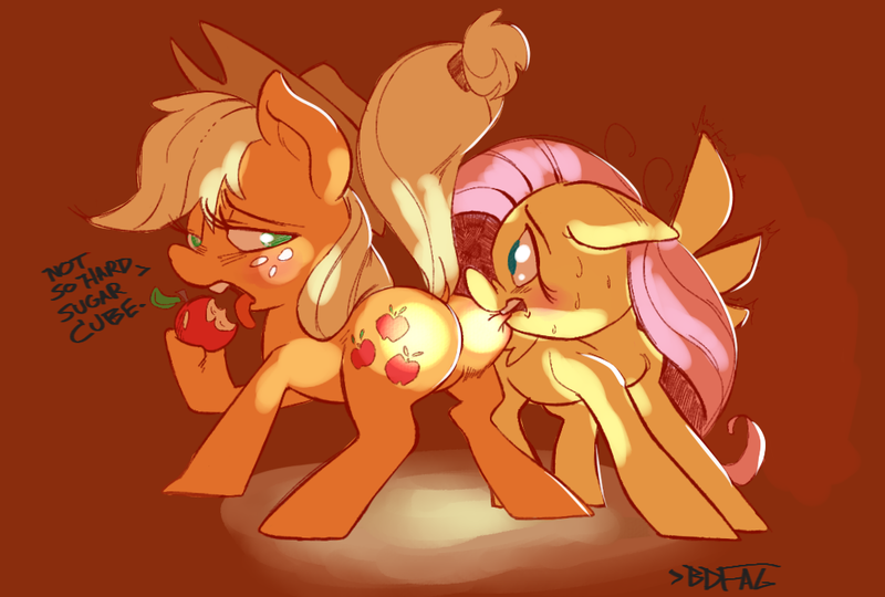 Size: 1044x705 | Tagged: apple, applejack, appleshy, artist:boreddrawfag, artist:samoyena, biting, butt, butt bite, cowboy hat, derpibooru import, dialogue, female, fluttershy, food, glow, hat, hilarious in hindsight, lesbian, plot, shipping, stetson, suggestive