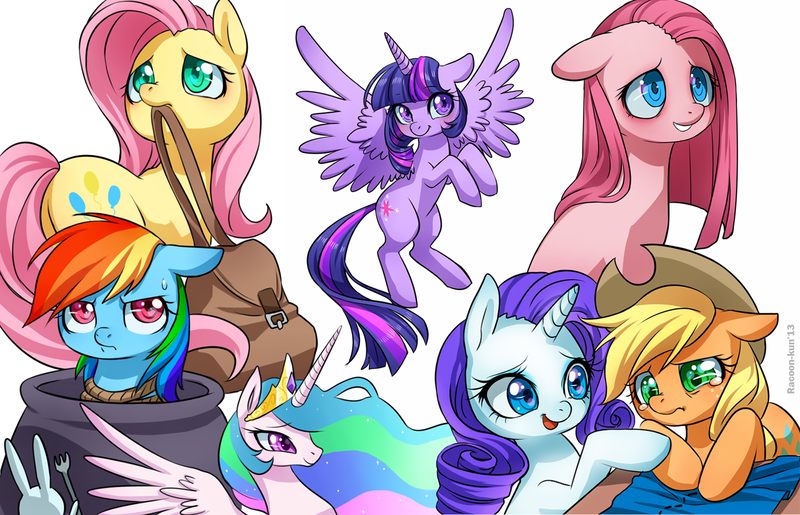 Size: 1500x965 | Tagged: safe, artist:racoonsan, derpibooru import, angel bunny, applejack, fluttershy, pinkie pie, princess celestia, rainbow dash, rarity, twilight sparkle, twilight sparkle (alicorn), alicorn, pony, magical mystery cure, bag, cauldron, crying, cute, female, mare, mouth hold, pinkamena diane pie, pony as food, rope, swapped cutie marks, sweat, tied up