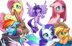 Size: 1500x965 | Tagged: safe, artist:racoonsan, derpibooru import, angel bunny, applejack, fluttershy, pinkie pie, princess celestia, rainbow dash, rarity, twilight sparkle, twilight sparkle (alicorn), alicorn, pony, magical mystery cure, bag, cauldron, crying, cute, female, mare, mouth hold, pinkamena diane pie, pony as food, rope, swapped cutie marks, sweat, tied up