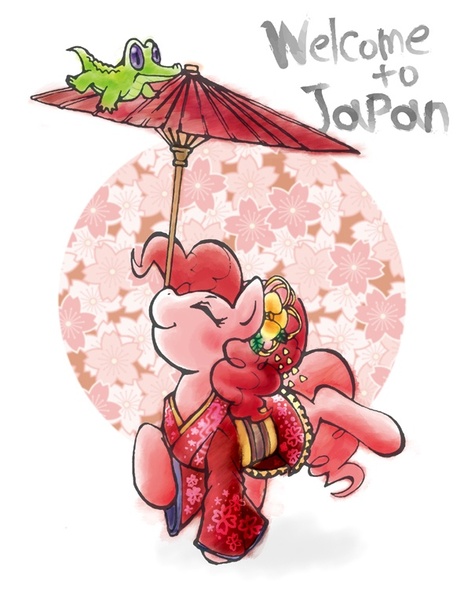 Size: 591x765 | Tagged: abstract background, artist:hobilo, balancing, blushing, clothes, cute, derpibooru import, diapinkes, dress, flower, gummy, japan, kimono (clothing), pinkie pie, pixiv, ponies balancing stuff on their nose, safe, solo, umbrella