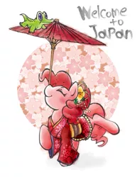 Size: 591x765 | Tagged: abstract background, artist:hobilo, balancing, blushing, clothes, cute, derpibooru import, diapinkes, dress, flower, gummy, japan, kimono (clothing), pinkie pie, pixiv, ponies balancing stuff on their nose, safe, solo, umbrella