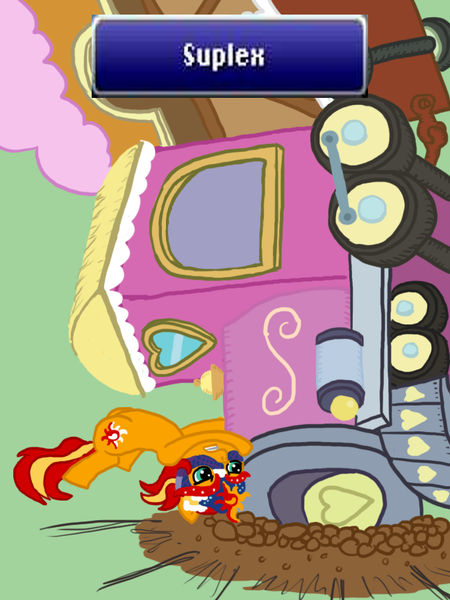 Size: 648x864 | Tagged: safe, artist:ficficponyfic, derpibooru import, sunset shimmer, pony, final fantasy, final fantasy vi, friendship express, luchador, masked shimmer, meme, sabin train suplex, suplex, train