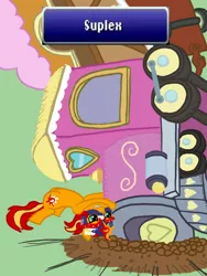 Size: 648x864 | Tagged: safe, artist:ficficponyfic, derpibooru import, sunset shimmer, pony, final fantasy, final fantasy vi, friendship express, luchador, masked shimmer, meme, sabin train suplex, suplex, train