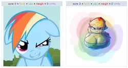 Size: 529x283 | Tagged: artist:secretgoombaman12345, breasts, busty rainbow dash, cleavage, derpibooru, derpibooru import, exploitable meme, fat, fat boobs, female, human, humanized, juxtaposition, juxtaposition win, meme, meta, rainbow dash, safe, sketch