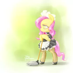 Size: 1000x1000 | Tagged: safe, artist:ifthemainecoon, derpibooru import, fluttershy, pony, bipedal, clothes, costume, fluttermaid, maid, mop