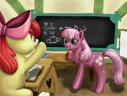 Size: 1500x1133 | Tagged: safe, artist:zevironmoniroth, derpibooru import, apple bloom, cheerilee, earth pony, pony, apple, book, chalkboard, classroom, desk, duo, duo female, female, filly, food, mare, ponyville schoolhouse, school, teacher and student