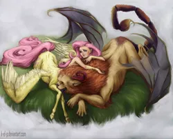 Size: 1024x829 | Tagged: safe, artist:k-el-p, derpibooru import, fluttershy, manny roar, centaur, manticore, casual nudity, centaurshy, cuddling, cute, elf ears, eyes closed, female, fluffy, grass, licking, nudity, open mouth, prone, realistic, smiling, snuggling, spread wings, tongue out, wings