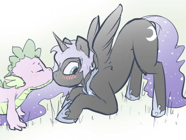 Size: 640x480 | Tagged: 2ch, artist:justpony, blushing, derpibooru import, eyes closed, face down ass up, female, kissing, looking away, male, nightmare moon, princess luna, safe, shipping, shy, spike, spikemoon, spiluna, spread wings, straight, wings