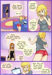 Size: 2300x3300 | Tagged: alcohol, artist:7nights, boxers, breasts, busty carrot top, carrot top, clothes, comic, comic:date night, derpibooru import, derpy hooves, derpytop, female, freckles, golden harvest, human, humanized, lesbian, lingerie, panties, shipping, suggestive, underwear