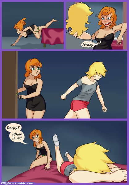 Size: 2300x3300 | Tagged: armpits, artist:7nights, bed, breasts, busty carrot top, carrot top, chest freckles, clothes, cockblock, comic, comic:date night, derpibooru import, derpy hooves, derpytop, female, freckles, golden harvest, green underwear, heartbreak, human, humanized, lesbian, lingerie, majestic as fuck, panties, shipping, shoulder freckles, suggestive, underwear