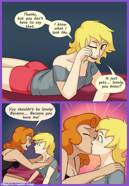 Size: 2300x3300 | Tagged: artist:7nights, bed, body freckles, breasts, carrot top, clothes, comic, comic:date night, derpibooru import, derpy hooves, derpytop, female, freckles, golden harvest, human, humanized, kissing, lesbian, lingerie, shipping, shoulder freckles, suggestive