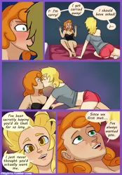 Size: 2300x3300 | Tagged: artist:7nights, bed, blushing, breasts, carrot top, clothes, comic, comic:date night, derpibooru import, derpy hooves, derpytop, female, freckles, golden harvest, human, humanized, kissing, lesbian, lingerie, shipping, shoulder freckles, suggestive