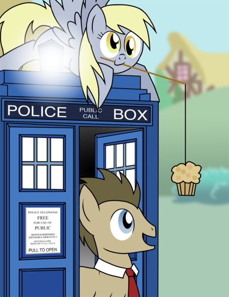 Size: 850x1100 | Tagged: safe, artist:xain-russell, deleted from derpibooru, derpibooru import, derpy hooves, doctor whooves, time turner, pegasus, pony, doctor who, doctorderpy, female, food, male, mare, muffin, shipping, straight, tardis