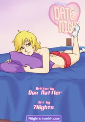 Size: 2300x3300 | Tagged: artist:7nights, bed, boxers, breasts, clothes, comic, comic:date night, derpibooru import, derpy hooves, female, human, humanized, nudity, partial nudity, pillow, prone, socks, solo, solo female, suggestive, topless, underp, underwear