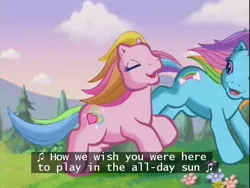 Size: 640x480 | Tagged: derpibooru import, g3, greetings from unicornia, lore, rainbow dash, rainbow dash (g3), rarity (g3), safe, song, subtitles, sun, wish you were here (song)