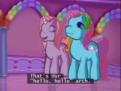 Size: 640x480 | Tagged: arch, cheerilee (g3), derpibooru import, g3, greetings from unicornia, lady rainbow dash, rainbow dash (g3), safe, subtitles