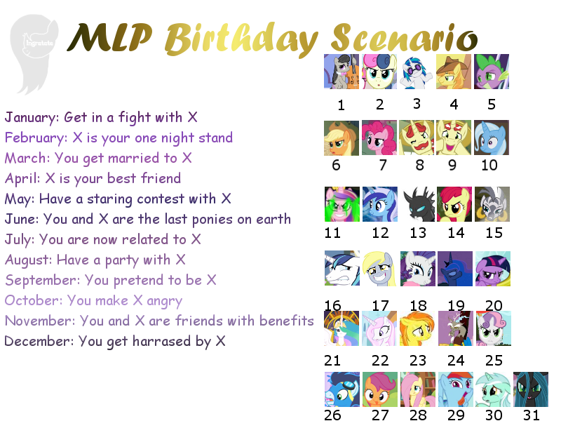 Size: 800x600 | Tagged: apple bloom, applejack, artist:ingratate, birthday game, bon bon, braeburn, changeling, cutie mark crusaders, derpibooru import, derpy hooves, discord, exploitable meme, flam, fleur-de-lis, flim, fluttershy, lyra heartstrings, mane seven, mane six, meme, minuette, octavia melody, pinkie pie, princess cadance, princess celestia, princess luna, queen chrysalis, questionable, rainbow dash, rarity, scootaloo, shining armor, soarin', spike, spitfire, sweetie belle, sweetie drops, text, trixie, twilight sparkle, vinyl scratch, zebra, zecora