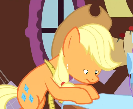 Size: 437x361 | Tagged: applejack, derpibooru import, edit, edited screencap, faic, magical mystery cure, opplojock, safe, screencap, shrunken face, solo, woll smoth