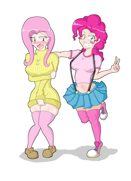 Size: 1700x2338 | Tagged: safe, artist:janji009, derpibooru import, fluttershy, pinkie pie, bat pony, human, breasts, busty fluttershy, clothes, converse, female, flutterbat, humanized, race swap, shoes, skirt, suspenders, sweater, sweatershy