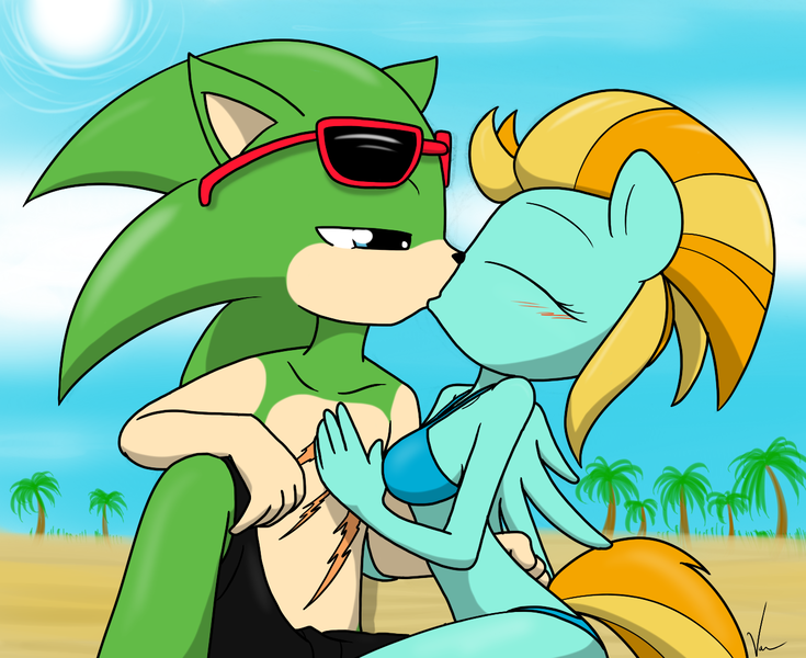 Size: 1329x1085 | Tagged: anthro, artist:sandwich-anomaly, beach, bikini, clothes, crossover, crossover shipping, derpibooru import, kissing, lightning dust, partial nudity, safe, scourge the hedgehog, shipping, sonic the hedgehog, sonic the hedgehog (series), swimsuit, topless