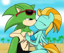 Size: 1329x1085 | Tagged: anthro, artist:sandwich-anomaly, beach, bikini, clothes, crossover, crossover shipping, derpibooru import, kissing, lightning dust, partial nudity, safe, scourge the hedgehog, shipping, sonic the hedgehog, sonic the hedgehog (series), swimsuit, topless