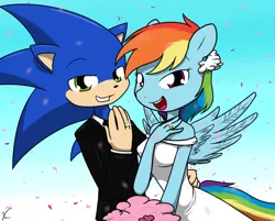 Size: 900x725 | Tagged: anthro, artist:sandwich-anomaly, clothes, commission, crossover, crossover shipping, derpibooru import, dress, female, flower, haters gonna hate, jewelry, male, marriage, meme, rainbow dash, ring, safe, shipping, sonicdash, sonic the hedgehog, sonic the hedgehog (series), straight, tuxedo, wedding